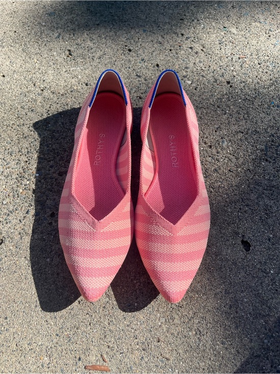 Rothy's Shoes - Rothy's Pink Striped Pointed Knit Flats with Blue Trim 8.5